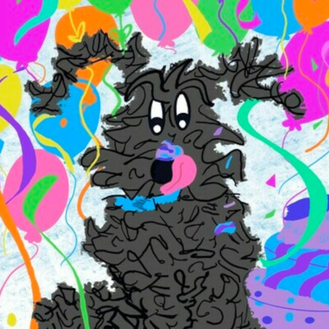 Illustrated Tucker with colorful balloons and birthday cake